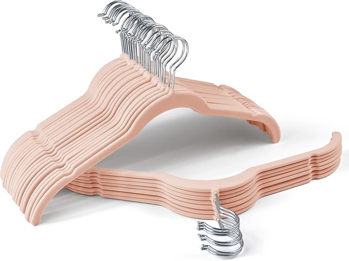 Premium Velvet Shirt Hangers 30 Pack, Non-Slip 360° Swivel Hook Space-Saving Felt Hanger, Slim Flocked Hangers for Blouses, Strappy Dresses, Tank Tops(Pink)