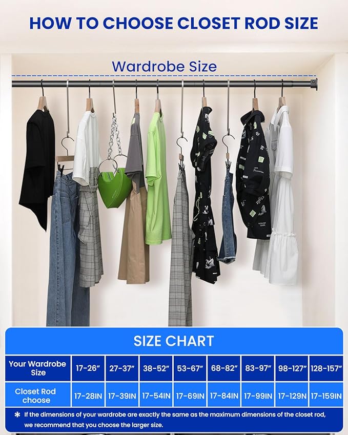 4 PACK Closet Rods for Hanging Clothes, 17 to 84 Inches Stepless Adjustable Metal Closet Rod, 1.3 Inches Heavy Duty Clothes Hanging Rod for Closet Wardrobes Laundry RV, Black