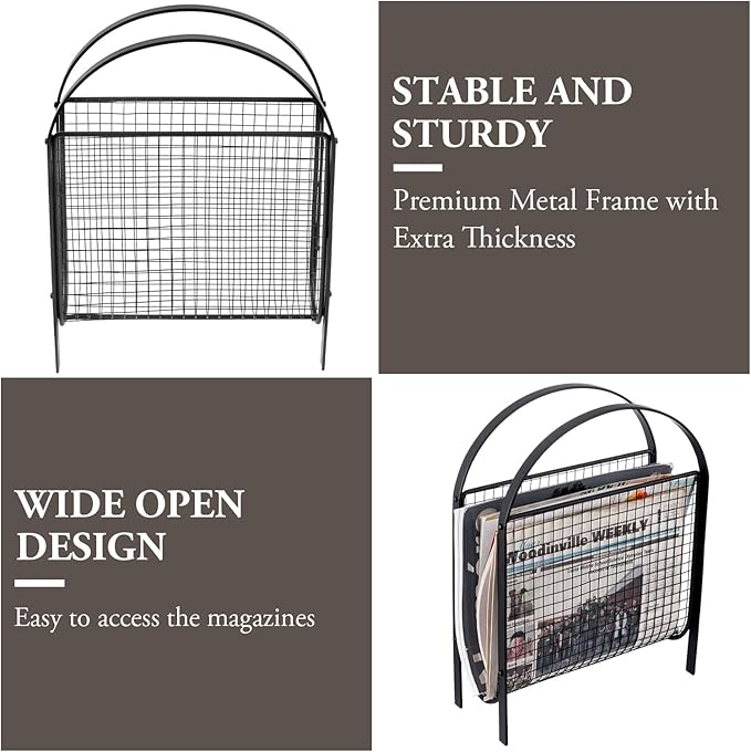 MyGift Mid-Century Design Magazine Rack, Matte Black Tone Metal Mesh Freestanding Magazine Organizer Holder Sling
