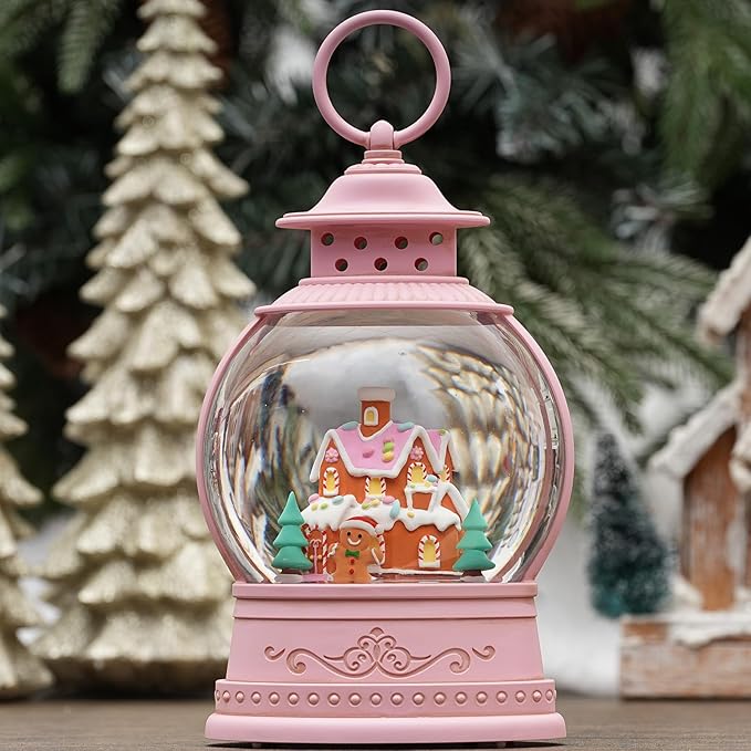 Christmas Snow Globes, Gingerbread House Musical Snow Globe Light up Swirling Glitter Snow Globe Pink Lantern with Timer, USB & Battery Operated Candy Cottage and Gingerbread Man Christmas Home Decor