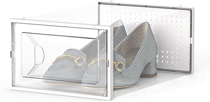 Kuject 15 Pack Shoe Storage Boxes, Large Clear Plastic Stackable Shoe Organizer for Closet, Connect Left and Right Shoe Boxes Case Container Bin for Entryway, Drop Front, Fit for Size 10(White)