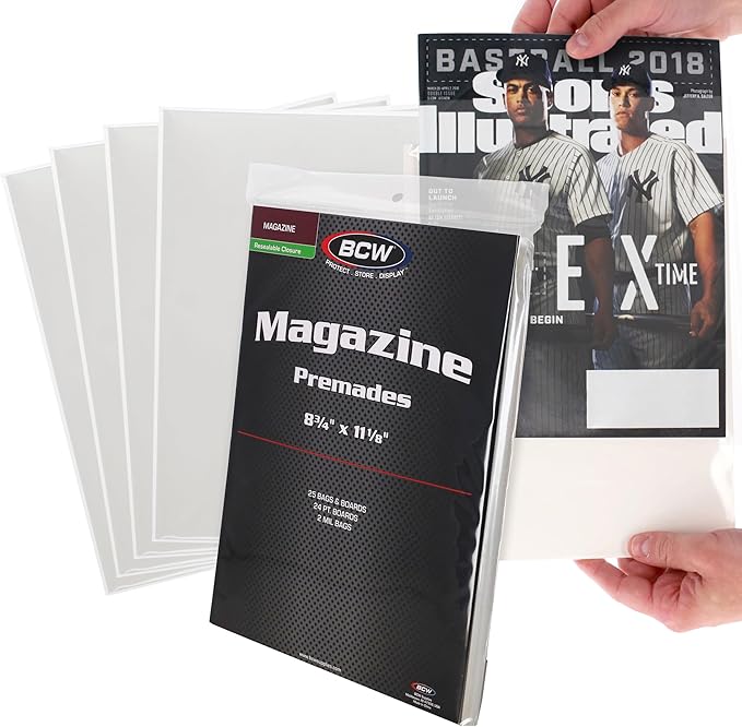 BCW Magazine Bags and Boards – (100 Pack) | Premade Resealable Magazine Protectors | Standard Size 8 ¾" x 11 ⅛" | Magazine Sleeves and Boards Pre-Loaded for Storage and Display