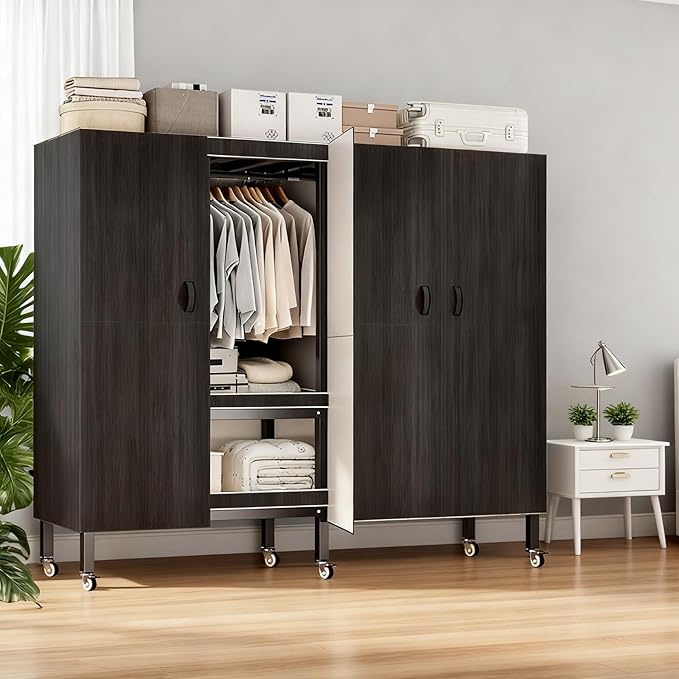 Heavy Duty Portable Closet with Cover Magnetic Doors, Metal Rolling Clothes Rack Heavy Duty 1500LBS, Foldable Clothing Rack, Garment Racks for Bedroom/ LivingRoom/ Rental (KT Woodgrain Black, 49.21in)