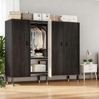 Heavy Duty Portable Closet with Cover Magnetic Doors, Metal Rolling Clothes Rack Heavy Duty 1500LBS, Foldable Clothing Rack, Garment Racks for Bedroom/ LivingRoom/ Rental (KT Woodgrain Black, 49.21in)