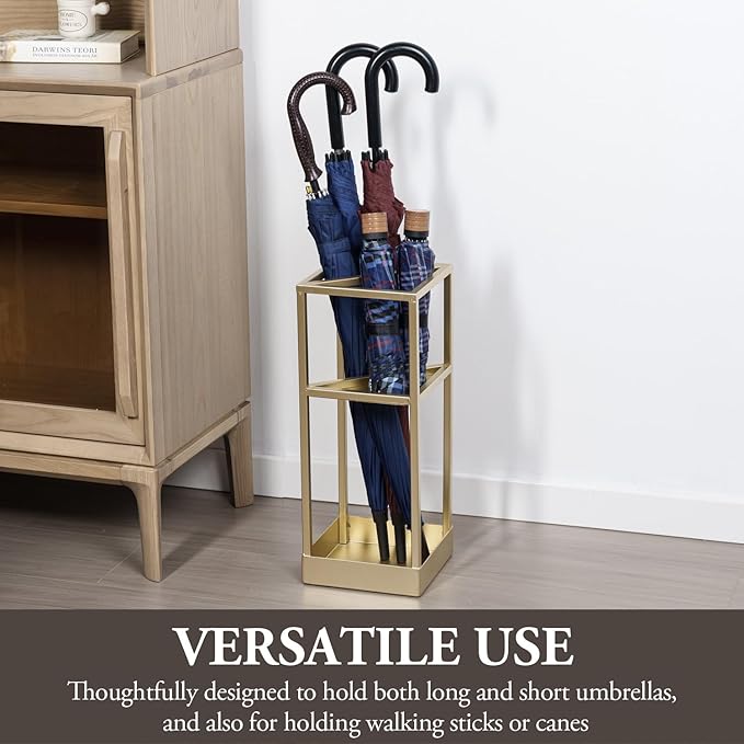 Umbrella Stand,Umbrella Holder for Entryway,20 Inch Tall Modern Brass Tone Metal Geometric Freestanding Entryway Umbrella Rack or Cane Holder with Shelf for Small Umbrellas and Bottom Drip Tray