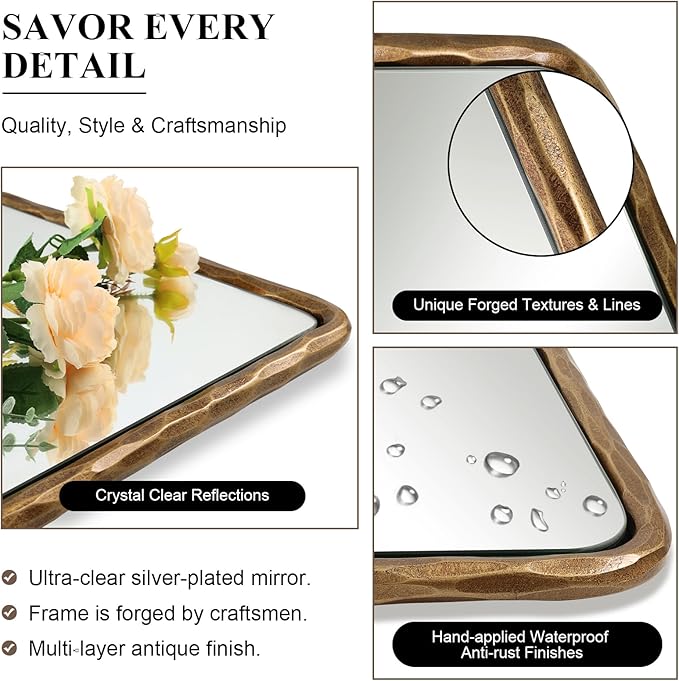 ANDY STAR Hand-Forged Gold Bathroom Mirrors for Wall, 30x40 Inch Vintage Solid Steel Metal Frame Bathroom Vanity Mirror, Antique Rounded Rectangle Wall Mirror, Hangs Horizontally or Vertically