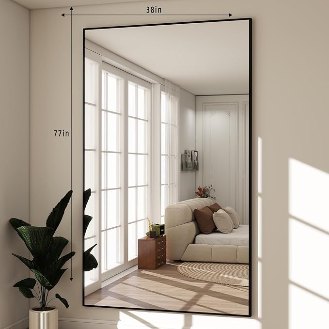 BEAUTYPEAK 77"x38" Rectangle Full Body Floor Mirrors, Full Length Mirror Hanging or Leaning, Aluminum Alloy Frame Wall Mirror for Bedroom, Dressing Room, Black