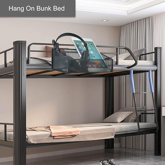 Bedside Caddy Hanging Storage Basket Beside Shelf Metal Organizer for Collage Dorm Bunk Bed,Hospital Bed,Baby Bed - Bedroom Essentials for Magazine,Remote Control,Phone,Drinks (Black)