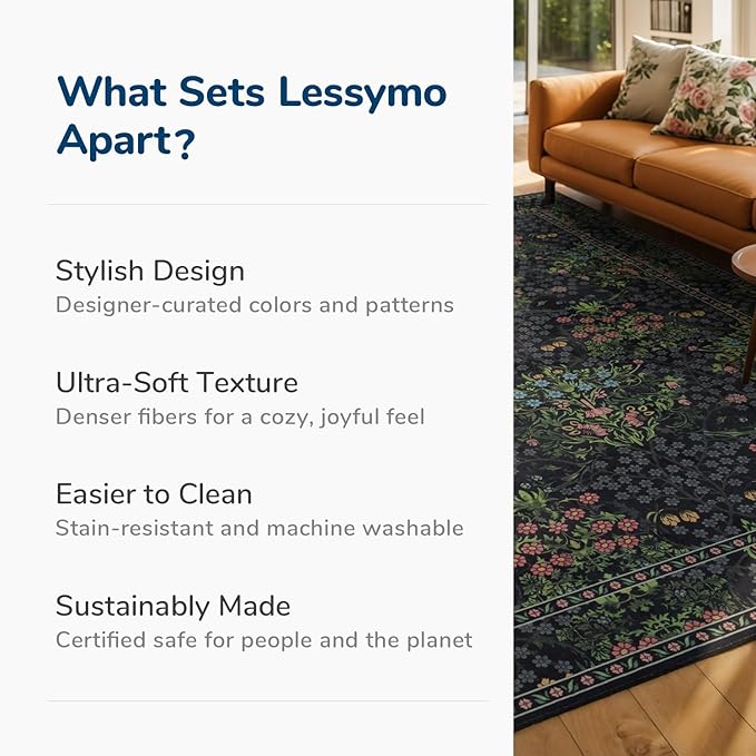 Lessymo Area Rugs 9x12 Living Room, Soft Washable Rug for Bedroom Dining Room Nursery Farmhouse, Boho Non Slip Low Plie Large Carpet Vintage Moody Dark Boho Flower, Black Green