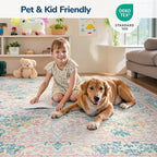 Lessymo 9x12 Washable Rug for Living Room, Soft Pink Area Rugs for Bedroom Dining Room Nursery, Boho Non Slip Forest Design Large Carpet Distressed Retro Indoor, Pink Green