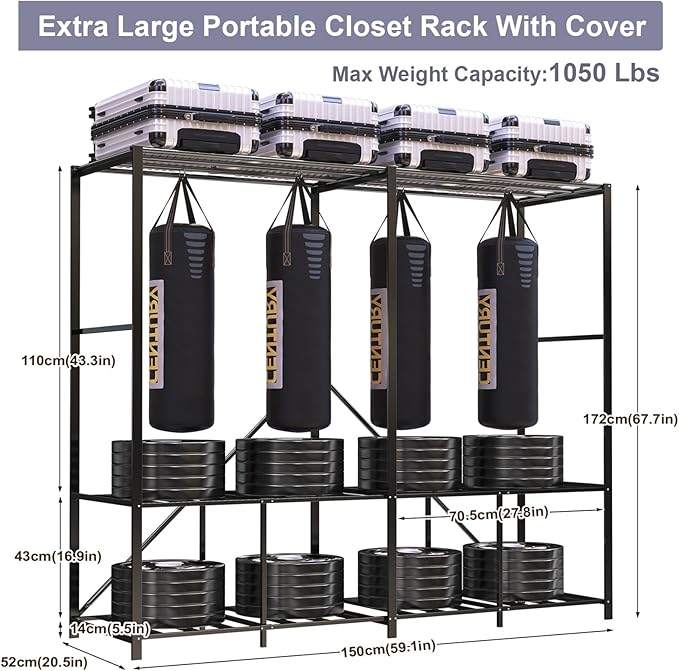 95% Assembled Heavy Duty Garmen Clothes Rack, 59" Lx68 H Freestanding Flodable Strong Portable Clothing Rracks with Cover,Black