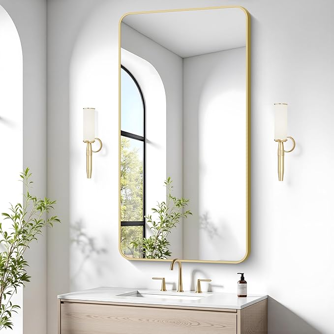 Gold Bathroom Mirror,24x48 inch Wall Mirror for Bathroom Wall Mounted,Round Rectangle Mirror for Bathroom Over Sink,Modern Frame for Home Decor Living Room,Bedroom Entryway,Horizontal/Vertical