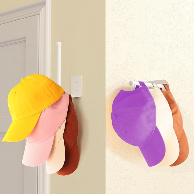 2 Pack Hat Racks for Baseball Caps, Stainless Steel Hat Organizer for Baseball Cap, Hat Holder Storage Organizer, Hat Hanger Strong Adhesive/Wall Drilled for Door, Bedroom, Closet(White 6 in)