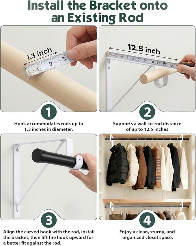 6 Pack Closet Rod Bracket, Heavy Duty Closet Rod Support with Rod Holder, Wall Mounted Closet Shelf Brackets with Triangle Stabilizing Design for Closet, Bathroom and Kitchen, Black