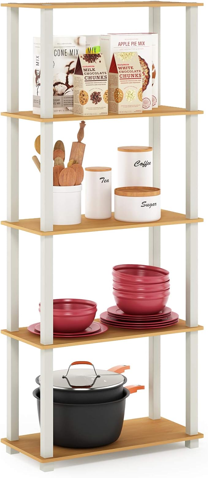Furinno Turn-N-Tube 5-Tier Multipurpose Shelf / Display Rack / Storage Shelf / Bookshelf, Square Tubes, Beech/White