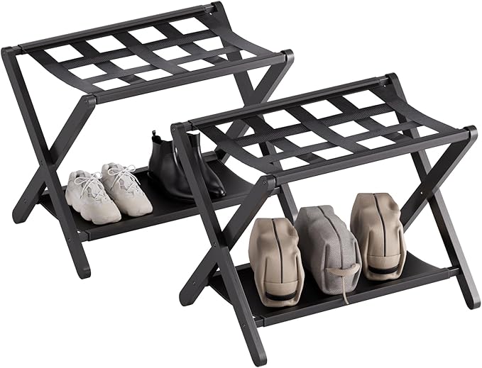 HITNET Luggage Rack for Guest Room, Pack of 2, Suitcase Stand Folding Bedroom, Bamboo Hotel Luggage Holder with Fabric Storage Shelf and Nylon Straps, Black