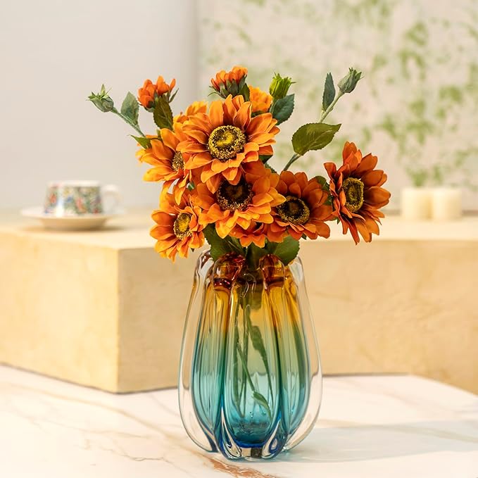 Hand Blown Glass Flower vases, Unique Glass vases, Wide Mouth vases, Small Modern Art Deco Glass vases for Home Living Room, Office, Table centerpieces, Bookshelves and Wedding Decorations
