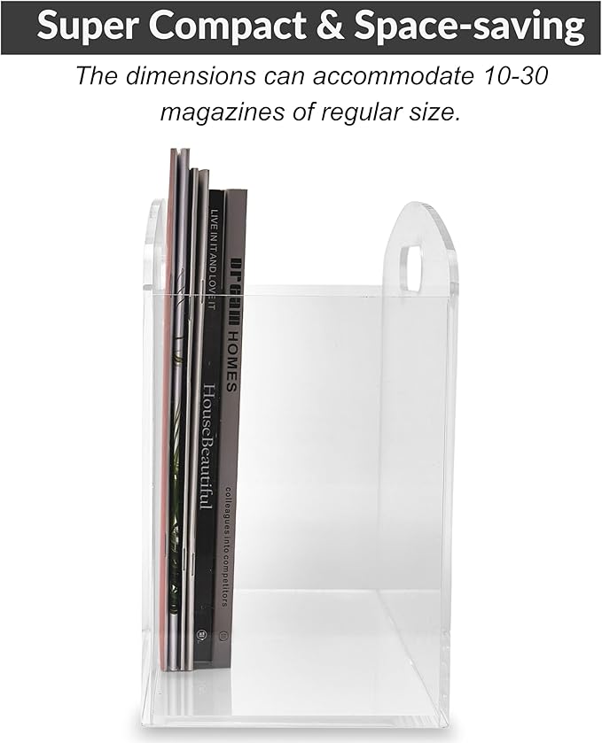 Magazine Rack - Clear Acrylic Magazine Holder, Acrylic Newspaper Stand Organizer with handles, Modern Lucite Magazine and Book Basket Box for Bathroom, Bedroom, Living Room and Office