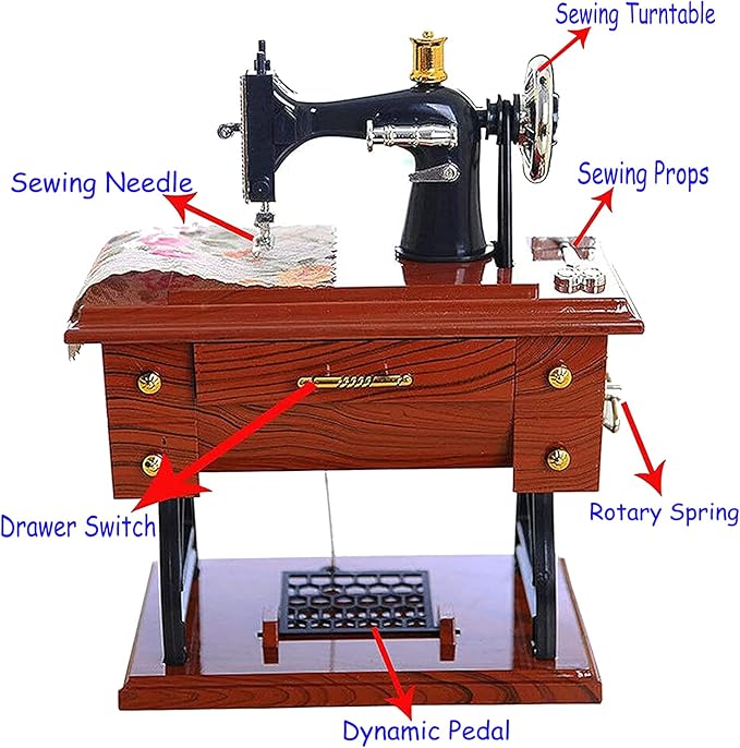Vintage Mini Sewing Machine Music Box, European Retro Classical Treadle Sewing Machine Table Desk Mechanical Clockwork Music Box for Home Decor Birthday Gift