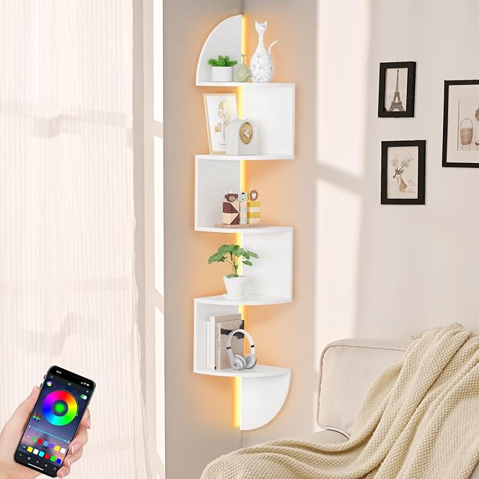 Waipfaru Corner Shelf, 5 Tier Bookshelf with LED Light, Corner Shelf Wall Mounted, Floating Shelves for Wall, Display Stand for Bedroom, Living Room, Bathroom, Home, Office, White