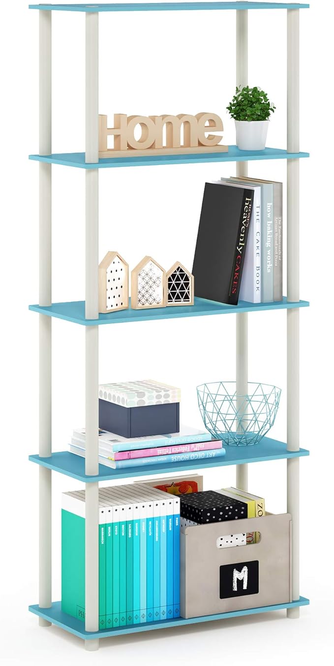 Furinno TURN-N-TUBE Storage Shelves, 5-Tier Book Shelf, Corner Shelf, Toolless Open Shelves, for Organization and Storage, Living Room, Garage, Home Office, Light Blue