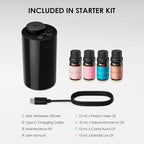 Airversa Waterless Essential Oil Diffuser Starter Kit with 4 x 10mL Fragrance Scent Oil, Battery Operated Mini Scent Air Machine Portable Diffuser for Home Car Office, AN6 Black Kit01