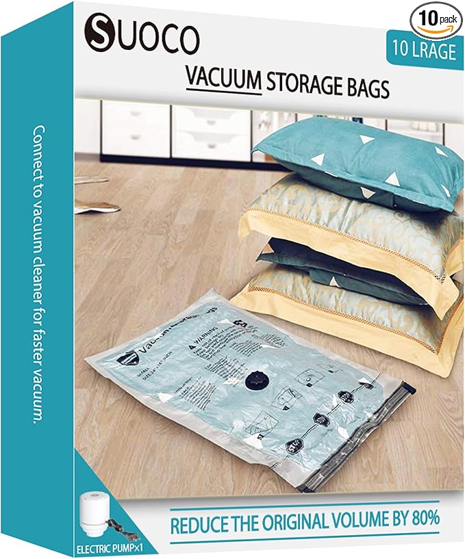 Travel Vacuum Storage Bags with Electric Pump, Space Saver Seal Compression Packing Bags for Clothing Bedding Comforters Blankets Pillows Clothes, 10 Large