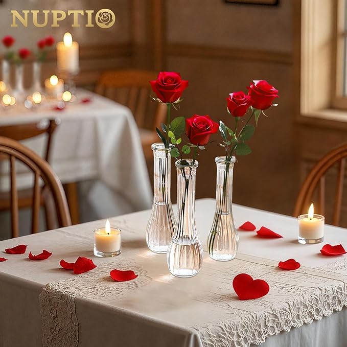 NUPTIO Glass Bud Vases Centerpiece: 6 Pcs Small Flower Vase for Wedding in Bulk - Cute Clear Ribbed Vase for Party Events Home Table Decor
