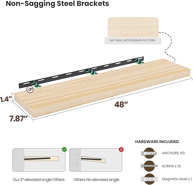 Vivelove Natural Wood Floating Shelves 48”，8 inch Deep Floating Shelf with Invisible Brackets, Unfinished Wall Shelves for Living Room, Bathroom, Kitchen, Bedroom, Home Decor, Set of 1 - Natural