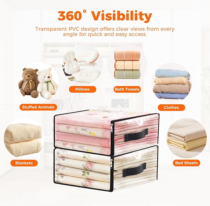 SpaceWhisper 6 Pack Clear Storage Bags, Plastic Blanket Storage Bags with Zipper and Handle, Moving Bags for Comforter, Bedding & Clothes, Closet Organizer and Under Bed Storage (17.7x15.7x7.9 Inch)