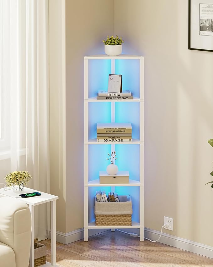 TUTOTAK Corner Shelf with LED Light, 5-Tier Corner Bookshelf for Small Space, Narrow Display Corner Shelf Stand with Storage Rack, for Living Room, Bedroom, White BS05BW005L