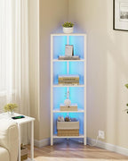 TUTOTAK Corner Shelf with LED Light, 5-Tier Corner Bookshelf for Small Space, Narrow Display Corner Shelf Stand with Storage Rack, for Living Room, Bedroom, White BS05BW005L