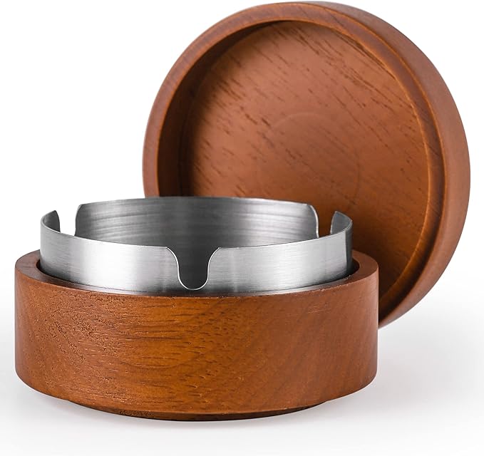 Wooden Ashtray with Lid for Smokers Stainless Steel Liner Ash Tray Windproof Durable Easy to Clean Cool Ashtrays for Indoor or Outdoor Use, Patio, Office & Home (Red)