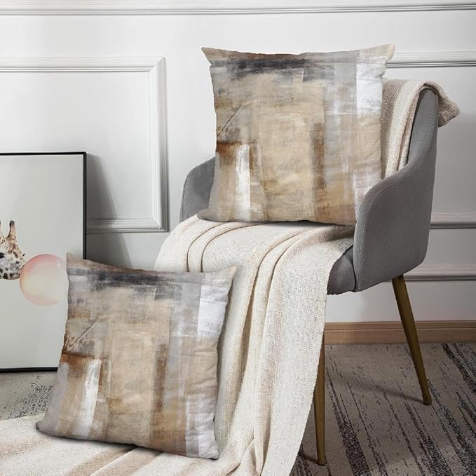 Beige Abstract Art Artwork Pillow Cover, Gallery Modern Decorative Throw Pillows Cushion Cover for Bedroom Sofa Living Room 26 x 26 Inch Set of 2