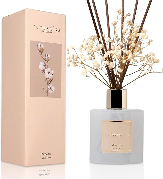 Cocorrína Reed Diffuser Set, Clean Linen 6.7 fl oz Scented Diffuser with Sticks Home Fragrance Reed Diffuser for Bathroom Shelf Decor