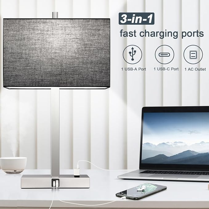 21" Touch Bedside lamps with 2 USB & AC Outlets, 3-Way Dimmable Bedside Table Lamps Set of 2 for Bedroom Living Room Office Reading, Black Shade Lamps for Night Stands, 5000K LED Bulbs Included