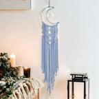 Boho Macrame Woven Wall Hanging, Crochet Crescent Moon Star Dream Catcher with Light- Blue Cotton Handmade Bohemian Home Decor Decoration Art for Kids Bedroom Nursery Dorm Room