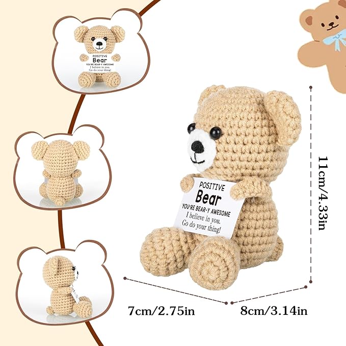 WELLBANEE Positive Crochet Bear Gift for Women Men, Mothers for Dad Mom, Positive Bear Graduation Gift for Daughter Son Student, Teacher, Friends, Boss Gifts for Women Coworker