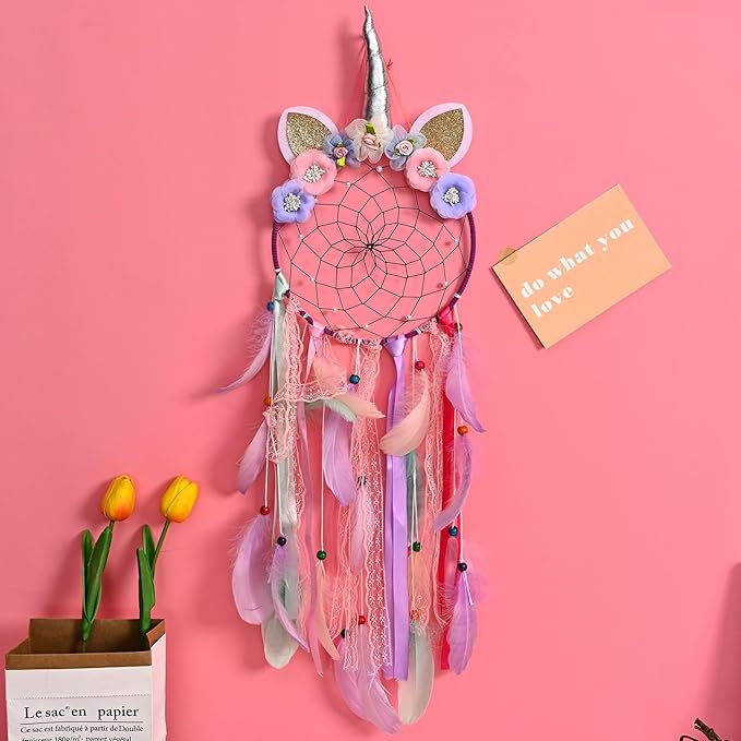 LED Lighted Up Unicorn Dream Catcher Wall Decor Colorful Feather Dreamcather Wall Hanging for Girls Kids Bedroom Decoration (Purple with Light)
