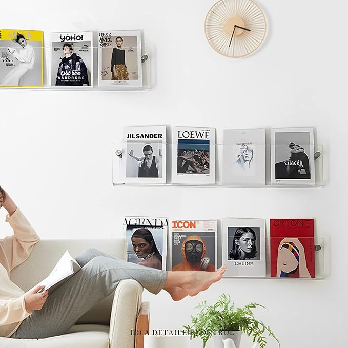 4-Pack 24" Acrylic Magazine Holder Vinyl Records Holder, Display Floating Bookshelves Wall Mounted, Hanging Nursery Book Shelves for Waiting Room, Living Room, Office
