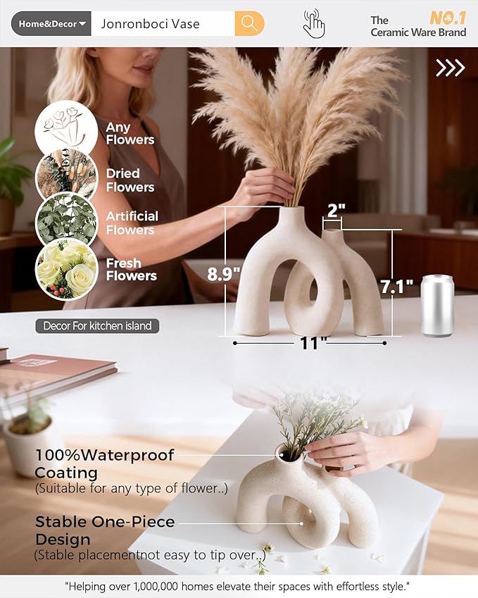 Hug Donut Decorative Vase Set - Modern Nordic Boho Style Vases Home Decor, Matte Ceramic Decorations for Living Room Shelf, Bookshelf Mantle Entryway Table or Console Décor (Cream White)
