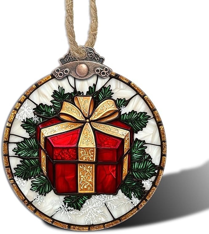 Stained Glass Christmas Decorations, Red Gift Gold Ribbon Suncatcher for Window Christmas Tree Hanging Ornaments Retro White Sun Catcher Xmas Decor Gifts for Women Men Mom Nana Friend