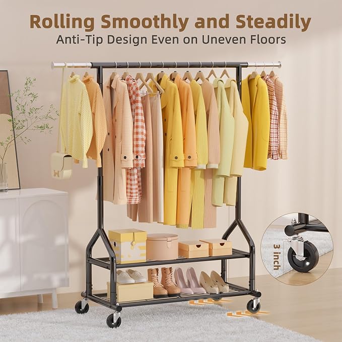 EAGMAK Heavy Duty Clothes Rack Load 556 LBS, Rolling Clothing Rack With Shelves, Height Adjustable Metal Clothes Hanger with Wheels Portable Wardrobe Organizer Garment Rod for Hanging Clothes (Black)
