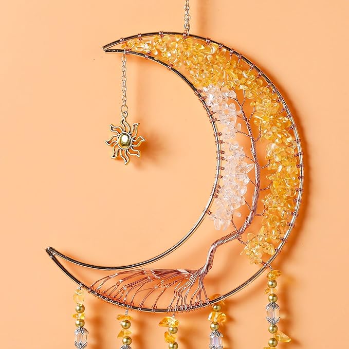 Agate Gemstone Dream Catcher 7 Chakra Tree of Life Dream Catcher with Rainbow Crystal Stones Handmade Dreamcatcher Wall Decor for Adults Boys Girls,Bedroom,Wedding,Garden,Bless Gift(Gold Moon)