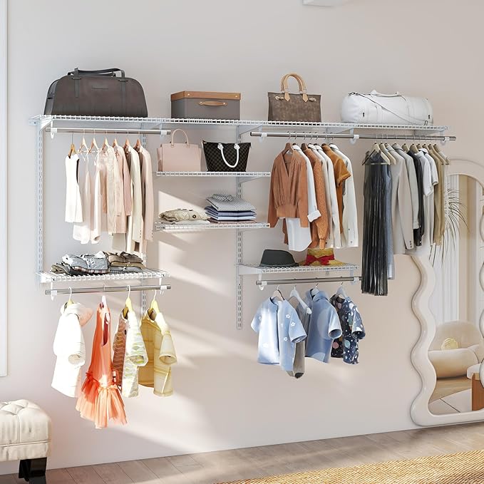 Giantex Closet Organizer System, Wall-mounted Custom Closet Kit w/Adjustable Storage Shelves, Wardrobe Clothes Rack w/Hanging Rods, Perfect for Coats, Pillows, Blanket (White, 98.5"x13.5"x48)