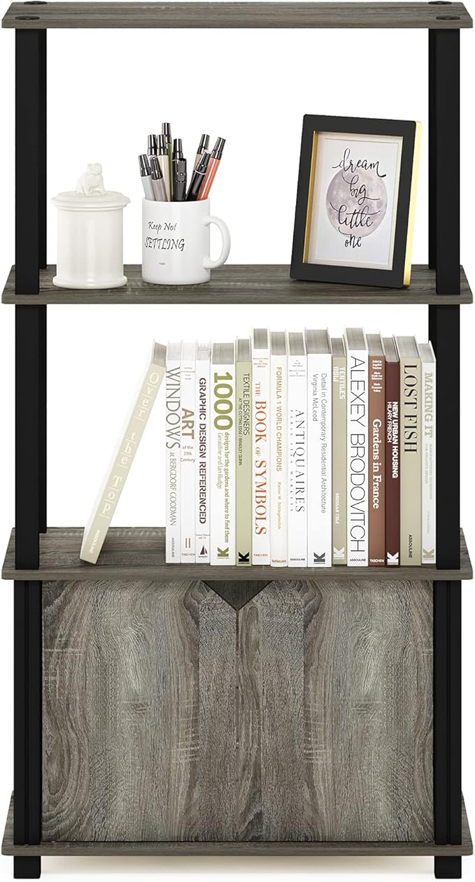 Furinno Brahms 4-Tier Multipurpose Bookcase/Bookshelf/Display Shelf/Display Rack with Door, French Oak Grey/Black