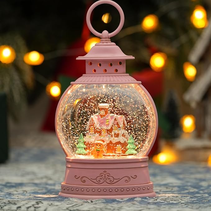 Christmas Snow Globes, Gingerbread House Musical Snow Globe Light up Swirling Glitter Snow Globe Pink Lantern with Timer, USB & Battery Operated Candy Cottage and Gingerbread Man Christmas Home Decor