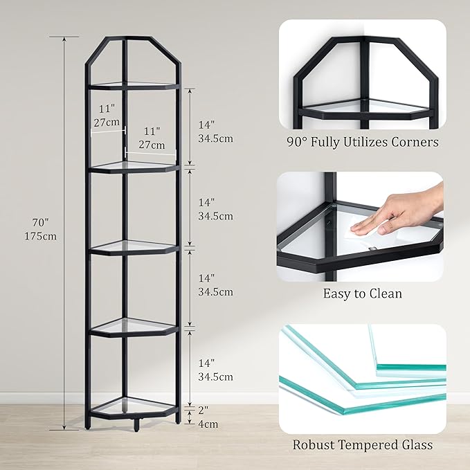5-Tier Corner Shelf Stand, Black Corner Bookshelf, Bathroom Storage Rack Shelf, Plant Rack, Tempered Glass, Steel Frame, Modern Style for Living Room, Bathroom, Kitchen, Metallic Black