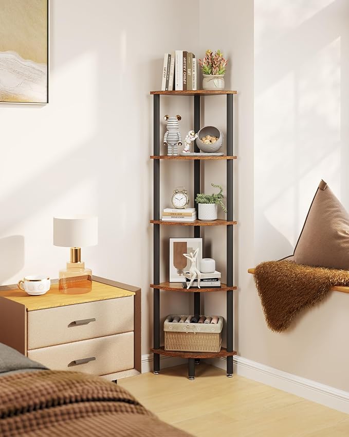 IBUYKE 5 Tier Corner Shelf Stand,Industrial Corner Display Rack,Corner Bookshelf for Living Room, Bedroom, Kitchen, Home Office, Brown WBC010H