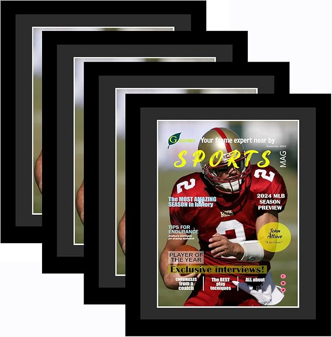 Goldfinch 4 Packs Sports Magazine Frames Displays Magazines Measuring 8 x 10.5 inches with Black Core Matting,Suitable for 1994-Current Collector's Edition Sports Magazines with Installed Hangers